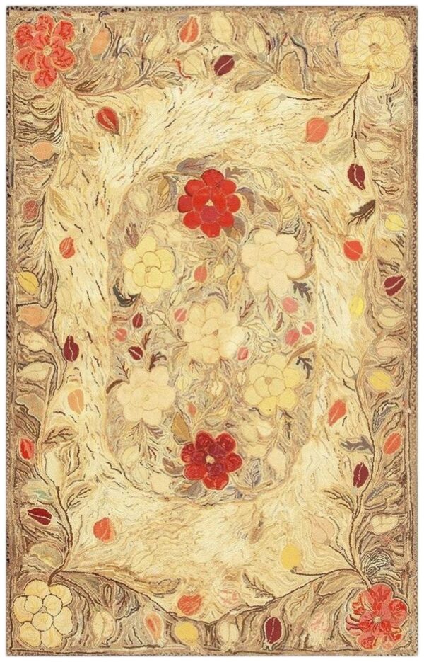 1880s beige floral classic folk art antique american hooked knotted wool rug 1 1880s beige floral classic folk art antique american hooked knotted wool rug