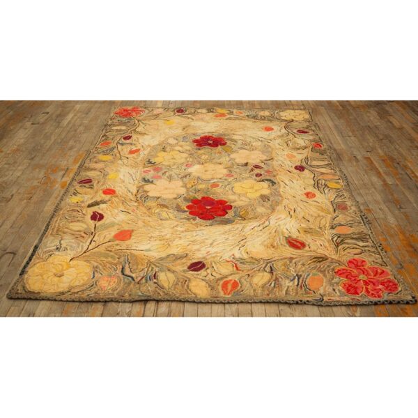 1880s beige floral classic folk art antique american hooked knotted wool rug 2 1880s beige floral classic folk art antique american hooked knotted wool rug - detail view 1