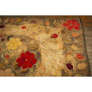 1880s Beige Floral Classic Folk Art Antique American Hooked Knotted Wool Rug - detail view 2