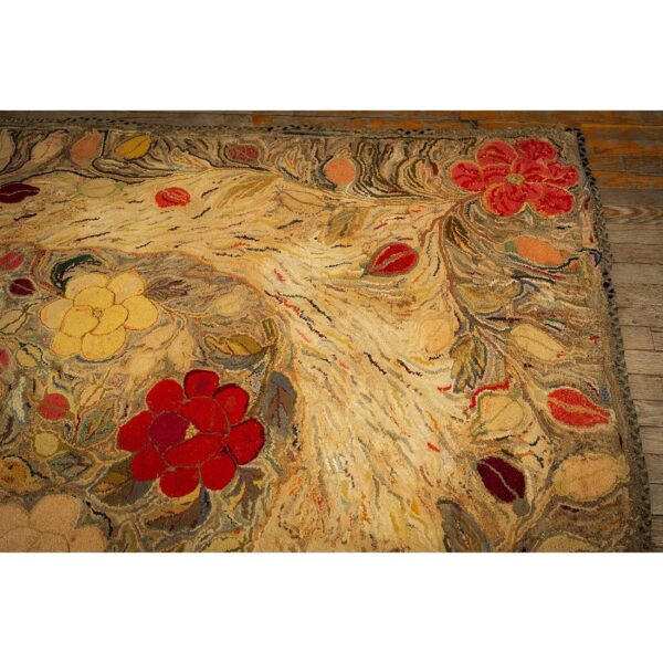 1880s beige floral classic folk art antique american hooked knotted wool rug 3 1880s beige floral classic folk art antique american hooked knotted wool rug - detail view 2