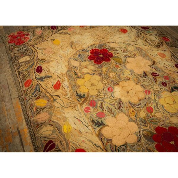 1880s beige floral classic folk art antique american hooked knotted wool rug 4 1880s beige floral classic folk art antique american hooked knotted wool rug - detail view 3