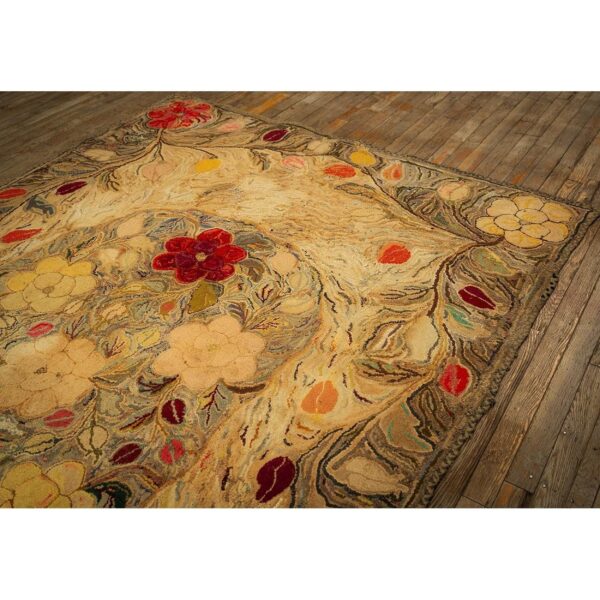 1880s beige floral classic folk art antique american hooked knotted wool rug 8 1880s beige floral classic folk art antique american hooked knotted wool rug - detail view 7