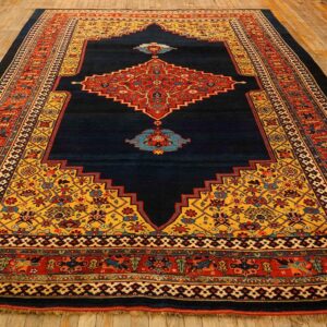 1880s Classic Blue Navy Bold Medallion Antique Bijar Handknotted Wool Carpet Rug - detail view 1