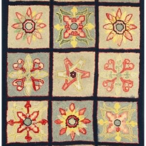 1880s Multi Antique Folk Art Geometric Americana Modern Hooked Knotted Wool Rug