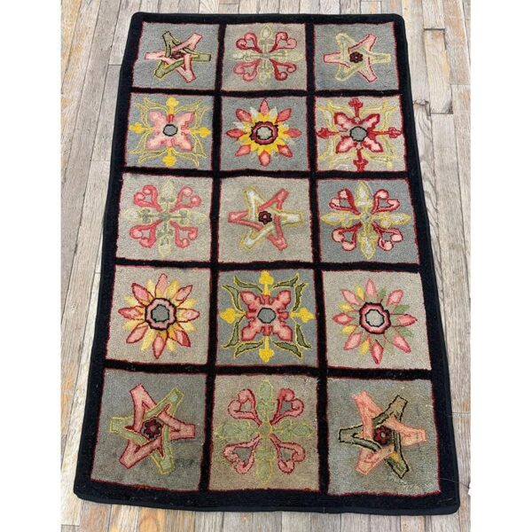1880s multi antique folk art geometric americana modern hooked knotted wool rug 2 1880s multi antique folk art geometric americana modern hooked knotted wool rug - detail view 1
