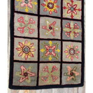 1880s Multi Antique Folk Art Geometric Americana Modern Hooked Knotted Wool Rug - detail view 2
