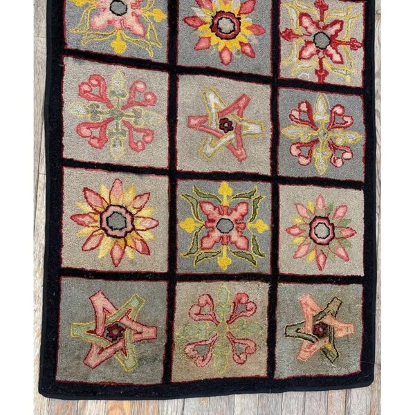 1880s multi antique folk art geometric americana modern hooked knotted wool rug 3 1880s multi antique folk art geometric americana modern hooked knotted wool rug - detail view 2
