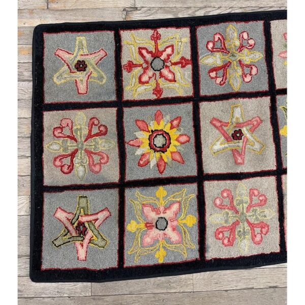 1880s multi antique folk art geometric americana modern hooked knotted wool rug 6 1880s multi antique folk art geometric americana modern hooked knotted wool rug - detail view 5