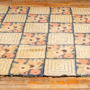 1880s Rustic Blue Ground Modern Geometric Folk Art Antique American Hooked Rug - detail view 1