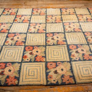 1880s Rustic Blue Ground Modern Geometric Folk Art Antique American Hooked Rug - detail view 2