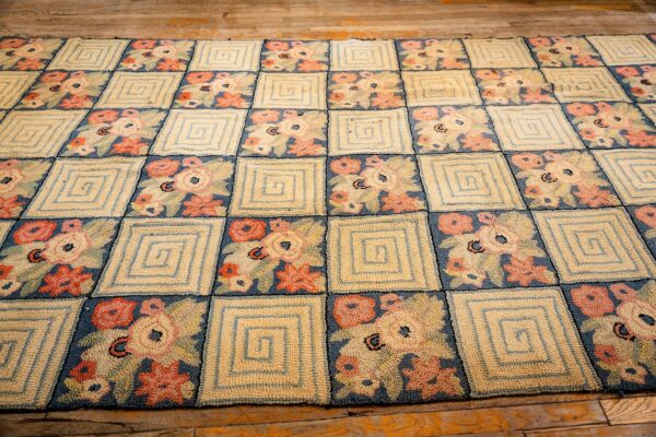 1880s rustic blue ground modern geometric folk art antique american hooked rug 3 1880s rustic blue ground modern geometric folk art antique american hooked rug - detail view 2