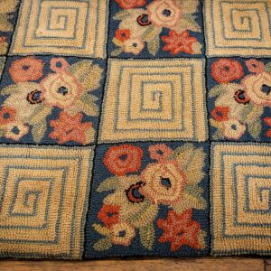 1880s Rustic Blue Ground Modern Geometric Folk Art Antique American Hooked Rug - detail view 3