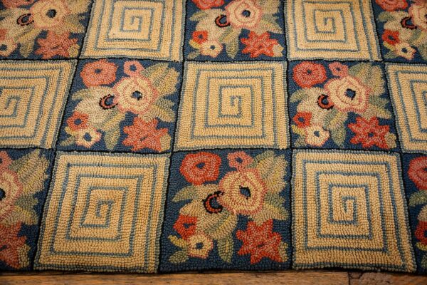 1880s rustic blue ground modern geometric folk art antique american hooked rug 4 1880s rustic blue ground modern geometric folk art antique american hooked rug - detail view 3
