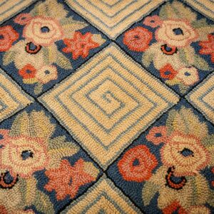 1880s Rustic Blue Ground Modern Geometric Folk Art Antique American Hooked Rug - detail view 4