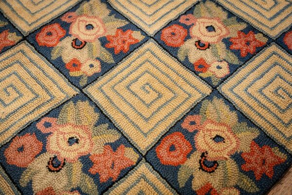 1880s rustic blue ground modern geometric folk art antique american hooked rug 5 1880s rustic blue ground modern geometric folk art antique american hooked rug - detail view 4