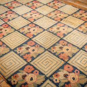 1880s Rustic Blue Ground Modern Geometric Folk Art Antique American Hooked Rug - detail view 5