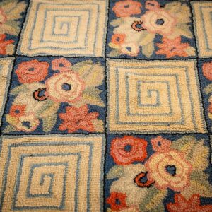 1880s Rustic Blue Ground Modern Geometric Folk Art Antique American Hooked Rug - detail view 6