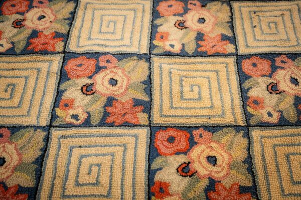 1880s rustic blue ground modern geometric folk art antique american hooked rug 7 1880s rustic blue ground modern geometric folk art antique american hooked rug - detail view 6