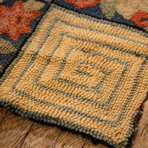 1880s Rustic Blue Ground Modern Geometric Folk Art Antique American Hooked Rug - detail view 7