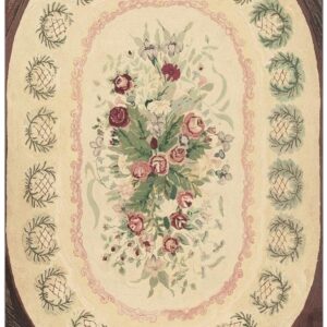1880s Traditional Beige Antique Roses Folk Art American Hooked Knotted Wool Rug