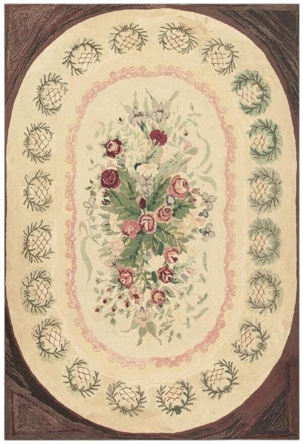 1880s traditional beige antique roses folk art american hooked knotted wool rug 1 1880s traditional beige antique roses folk art american hooked knotted wool rug
