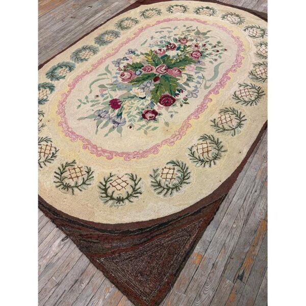 1880s traditional beige antique roses folk art american hooked knotted wool rug 2 1880s traditional beige antique roses folk art american hooked knotted wool rug - detail view 1