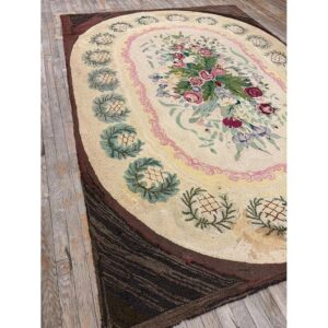 1880s Traditional Beige Antique Roses Folk Art American Hooked Knotted Wool Rug - detail view 2