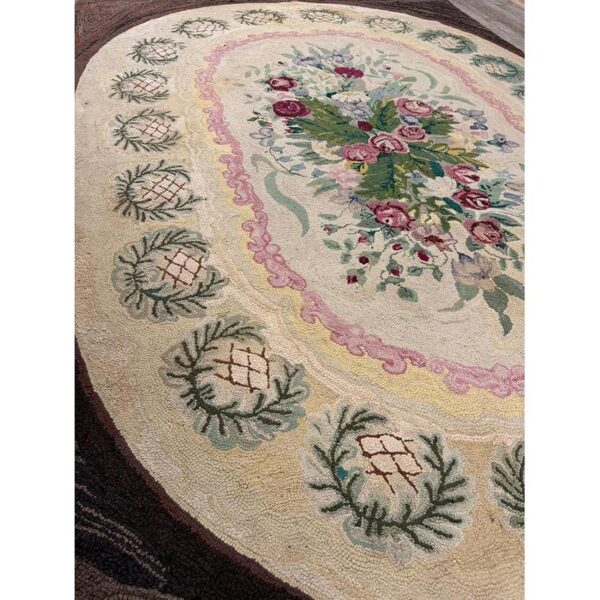 1880s traditional beige antique roses folk art american hooked knotted wool rug 4 1880s traditional beige antique roses folk art american hooked knotted wool rug - detail view 3
