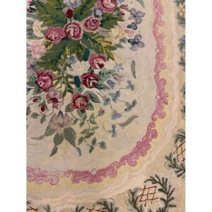 1880s Traditional Beige Antique Roses Folk Art American Hooked Knotted Wool Rug - detail view 4