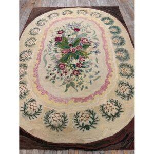 1880s Traditional Beige Antique Roses Folk Art American Hooked Knotted Wool Rug - detail view 6