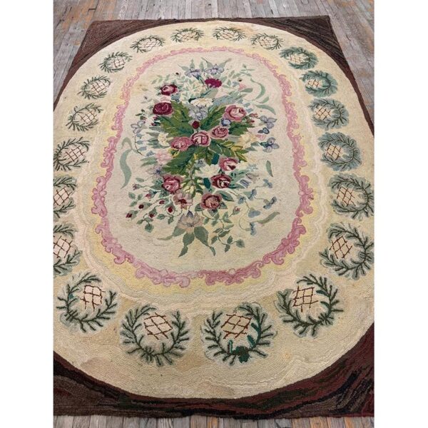 1880s traditional beige antique roses folk art american hooked knotted wool rug 7 1880s traditional beige antique roses folk art american hooked knotted wool rug - detail view 6