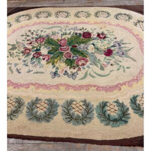 1880s Traditional Beige Antique Roses Folk Art American Hooked Knotted Wool Rug - detail view 7