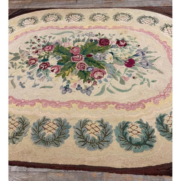 1880s traditional beige antique roses folk art american hooked knotted wool rug 8 1880s traditional beige antique roses folk art american hooked knotted wool rug - detail view 7