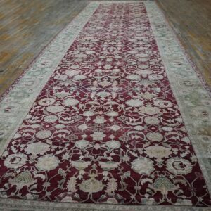 1880s Traditional Deep Red Green Antique Indian Agra Gallery Rug 8'x27'2" Carpet - detail view 1