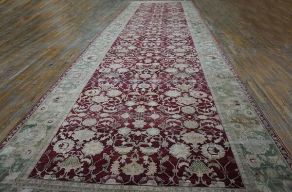1880s traditional deep red green antique indian agra gallery rug 8'x27'2" carpet 2 1880s traditional deep red green antique indian agra gallery rug 8'x27'2" carpet - detail view 1