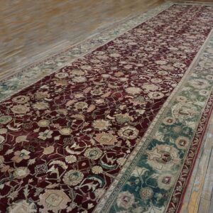 1880s Traditional Deep Red Green Antique Indian Agra Gallery Rug 8'x27'2" Carpet - detail view 2