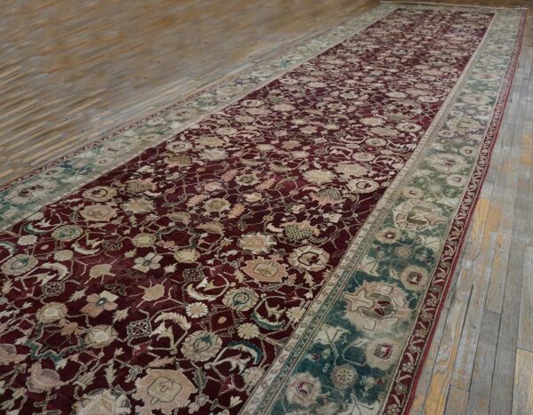1880s traditional deep red green antique indian agra gallery rug 8'x27'2" carpet 3 1880s traditional deep red green antique indian agra gallery rug 8'x27'2" carpet - detail view 2