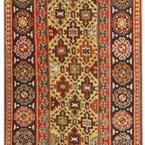 1880s Yellow Antique Geometric Tribal Knotted Wool Caucasian Tallish Runner Rug