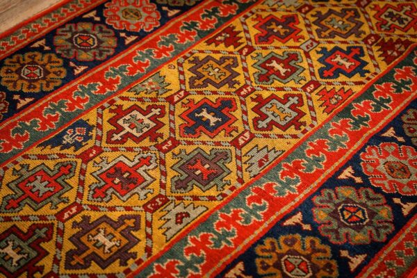 1880s yellow antique geometric tribal knotted wool caucasian tallish runner rug 2 1880s yellow antique geometric tribal knotted wool caucasian tallish runner rug - detail view 1