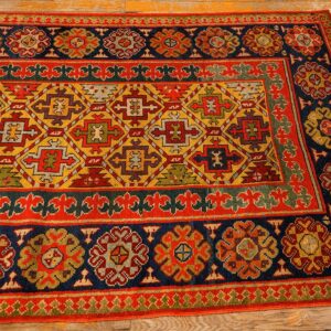 1880s Yellow Antique Geometric Tribal Knotted Wool Caucasian Tallish Runner Rug - detail view 4