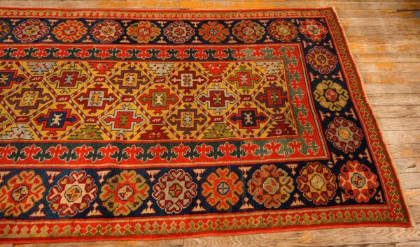 1880s yellow antique geometric tribal knotted wool caucasian tallish runner rug 5 1880s yellow antique geometric tribal knotted wool caucasian tallish runner rug - detail view 4