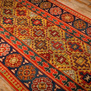 1880s Yellow Antique Geometric Tribal Knotted Wool Caucasian Tallish Runner Rug - detail view 5