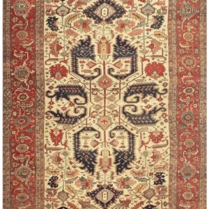 1890s Antique Beige & Red Border Geometric Serapi Knotted Room Size Wool Rug