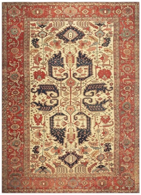 1890s antique beige & red border geometric serapi knotted room size wool rug 1 1890s antique beige & red border geometric serapi knotted room size wool rug