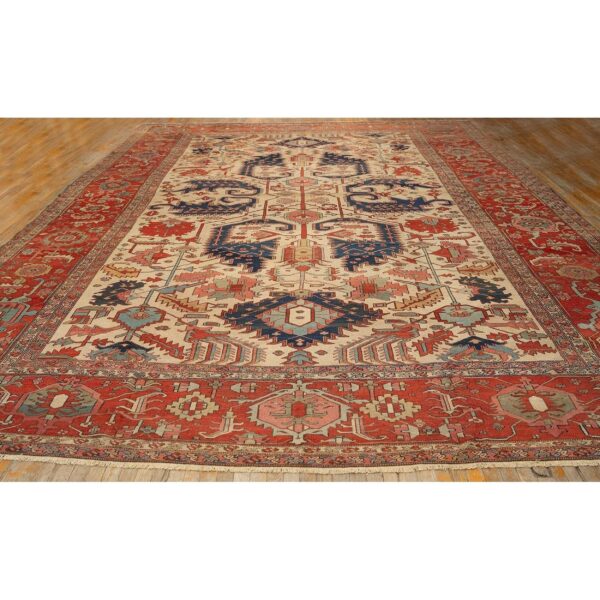 1890s antique beige & red border geometric serapi knotted room size wool rug 2 1890s antique beige & red border geometric serapi knotted room size wool rug - detail view 1