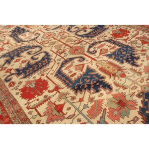 1890s Antique Beige & Red Border Geometric Serapi Knotted Room Size Wool Rug - detail view 2