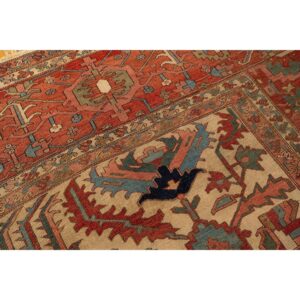 1890s Antique Beige & Red Border Geometric Serapi Knotted Room Size Wool Rug - detail view 3