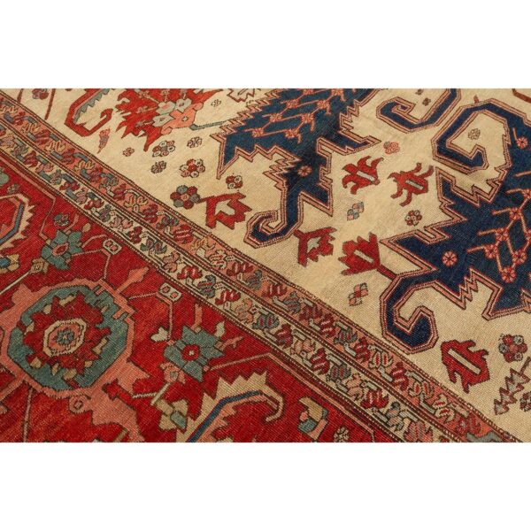 1890s antique beige & red border geometric serapi knotted room size wool rug 6 1890s antique beige & red border geometric serapi knotted room size wool rug - detail view 5