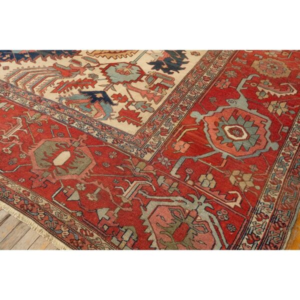 1890s antique beige & red border geometric serapi knotted room size wool rug 8 1890s antique beige & red border geometric serapi knotted room size wool rug - detail view 7