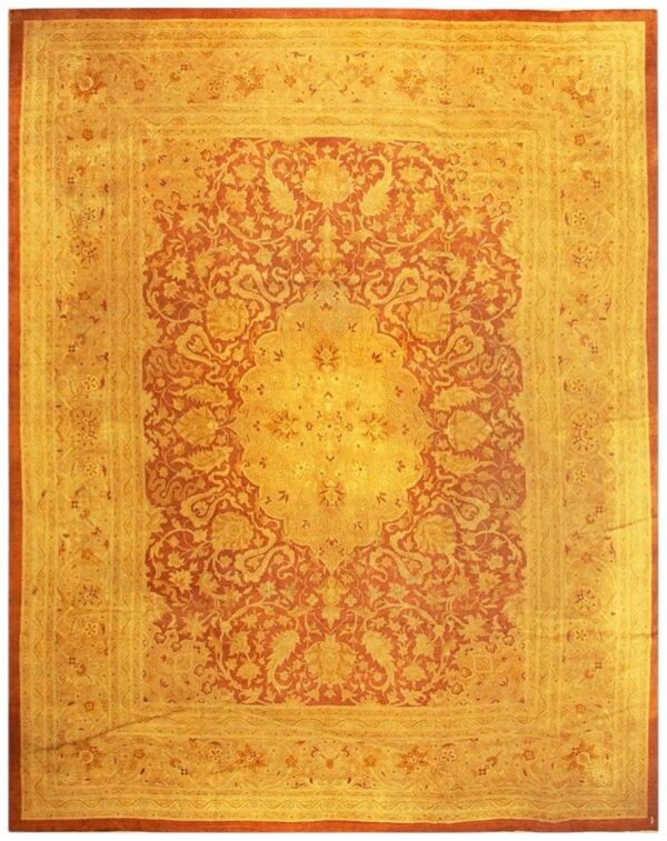 1890s antique gold open field medallion knotted wool indian agra decorative rug